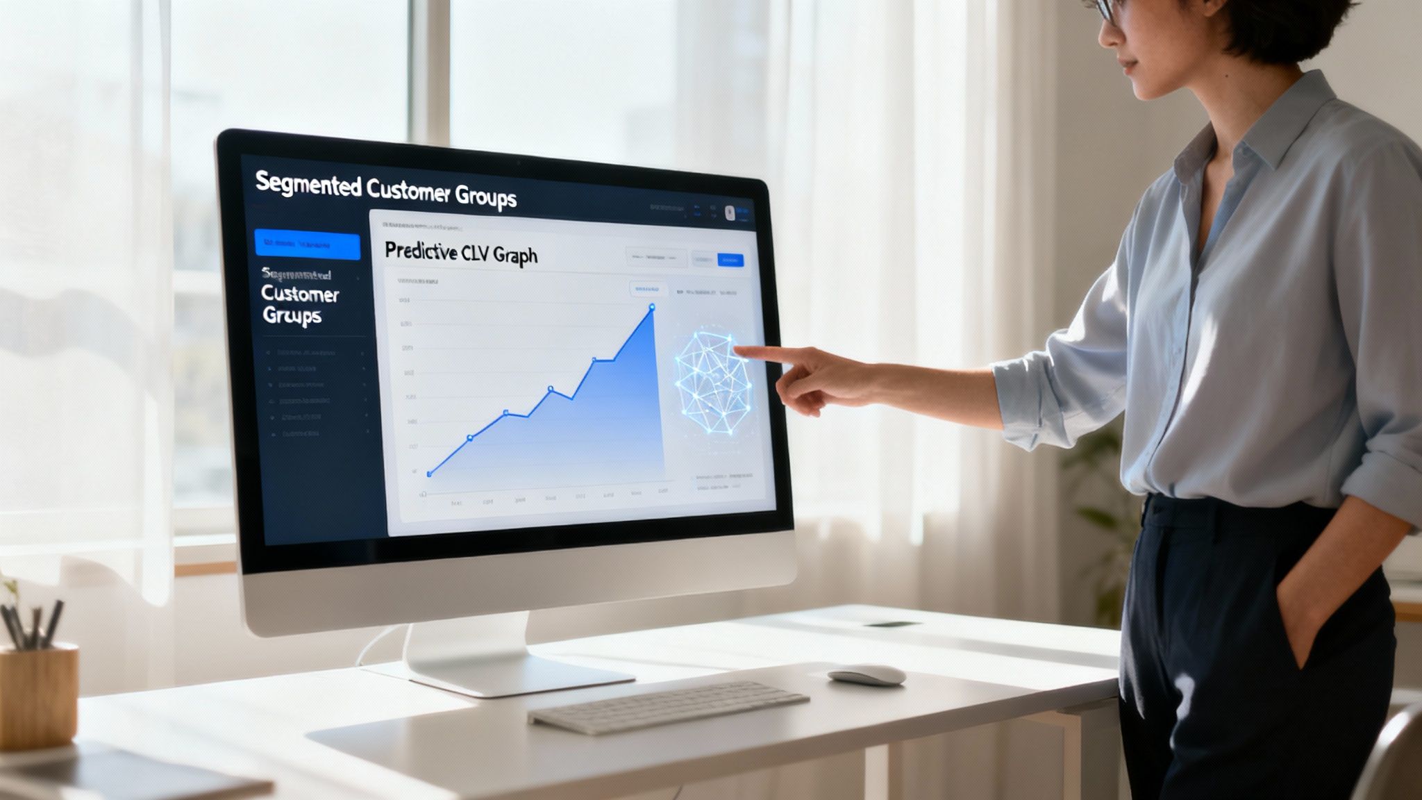 Woman analyzes a predictive CLV graph on a computer screen for segmented customer groups.