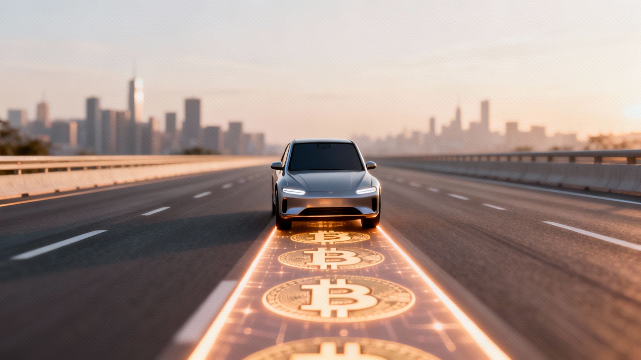A futuristic silver car drives on a highway lane marked with glowing Bitcoin symbols towards a city.