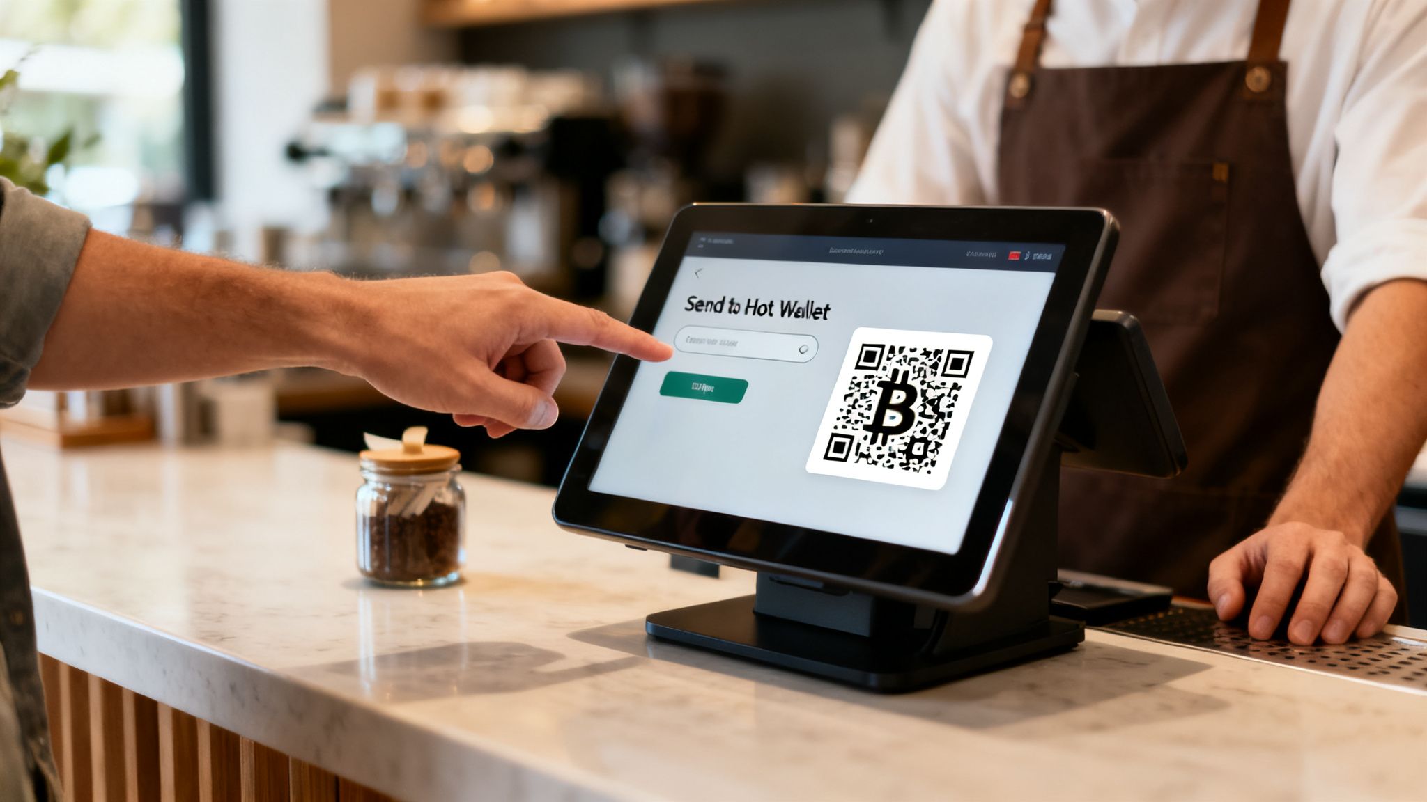 Customer uses a tablet to pay with Bitcoin via a QR code at a coffee shop.