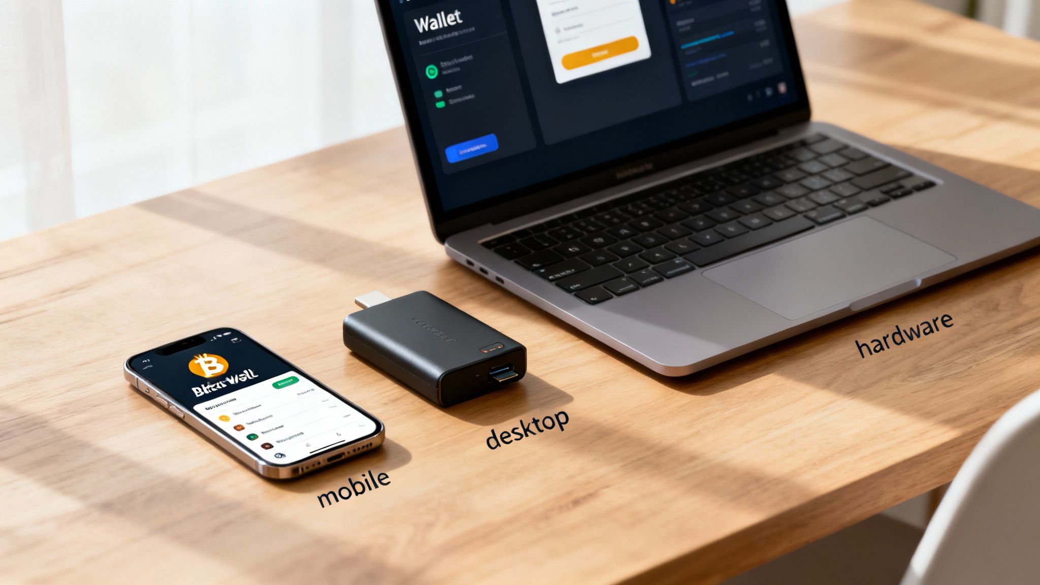 A mobile phone with a Bitcoin app, a hardware crypto wallet, and a laptop displaying a desktop wallet.