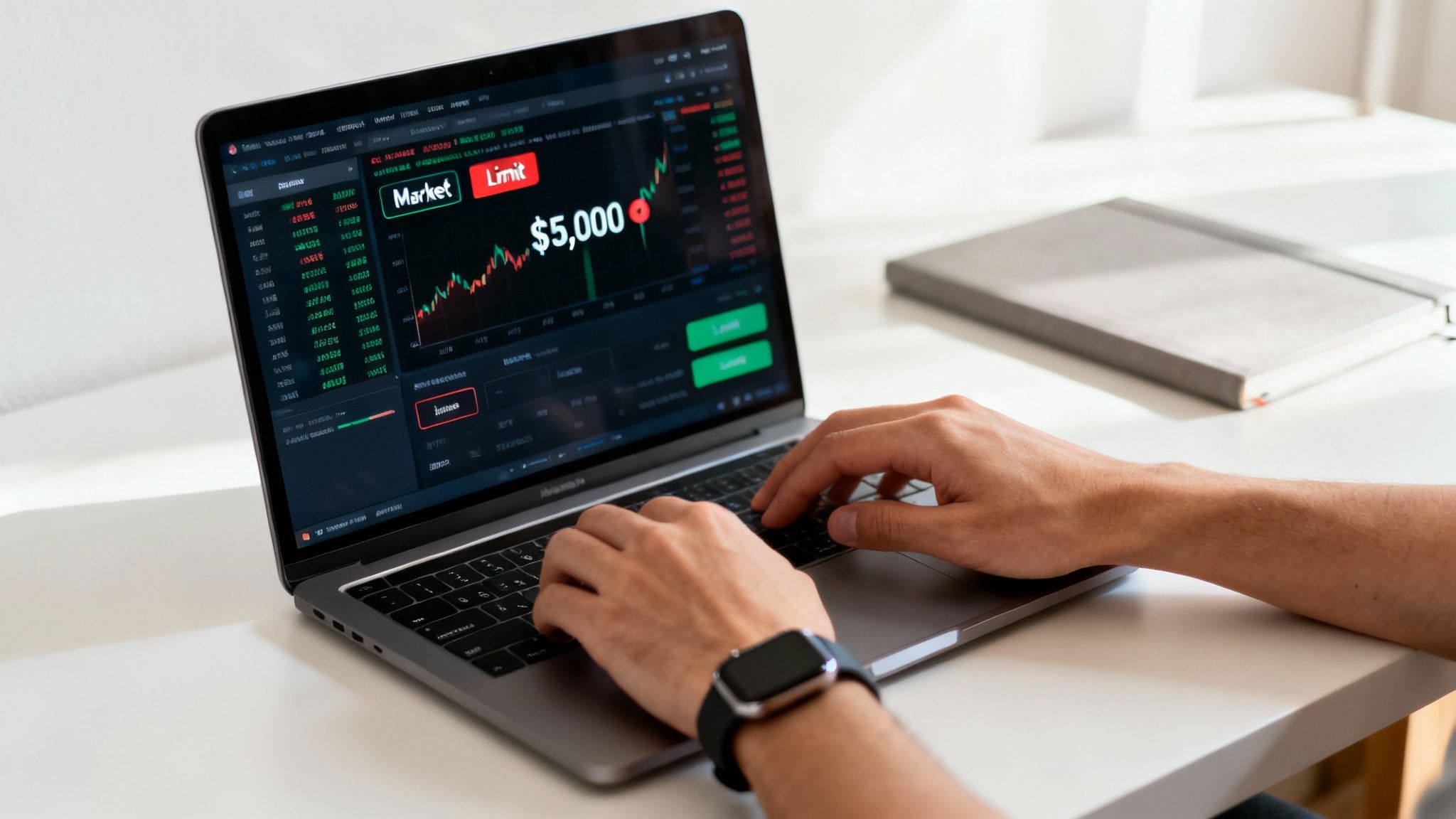 A close-up of a hand holding a Bitcoin coin in front of a laptop screen displaying a cryptocurrency exchange interface.