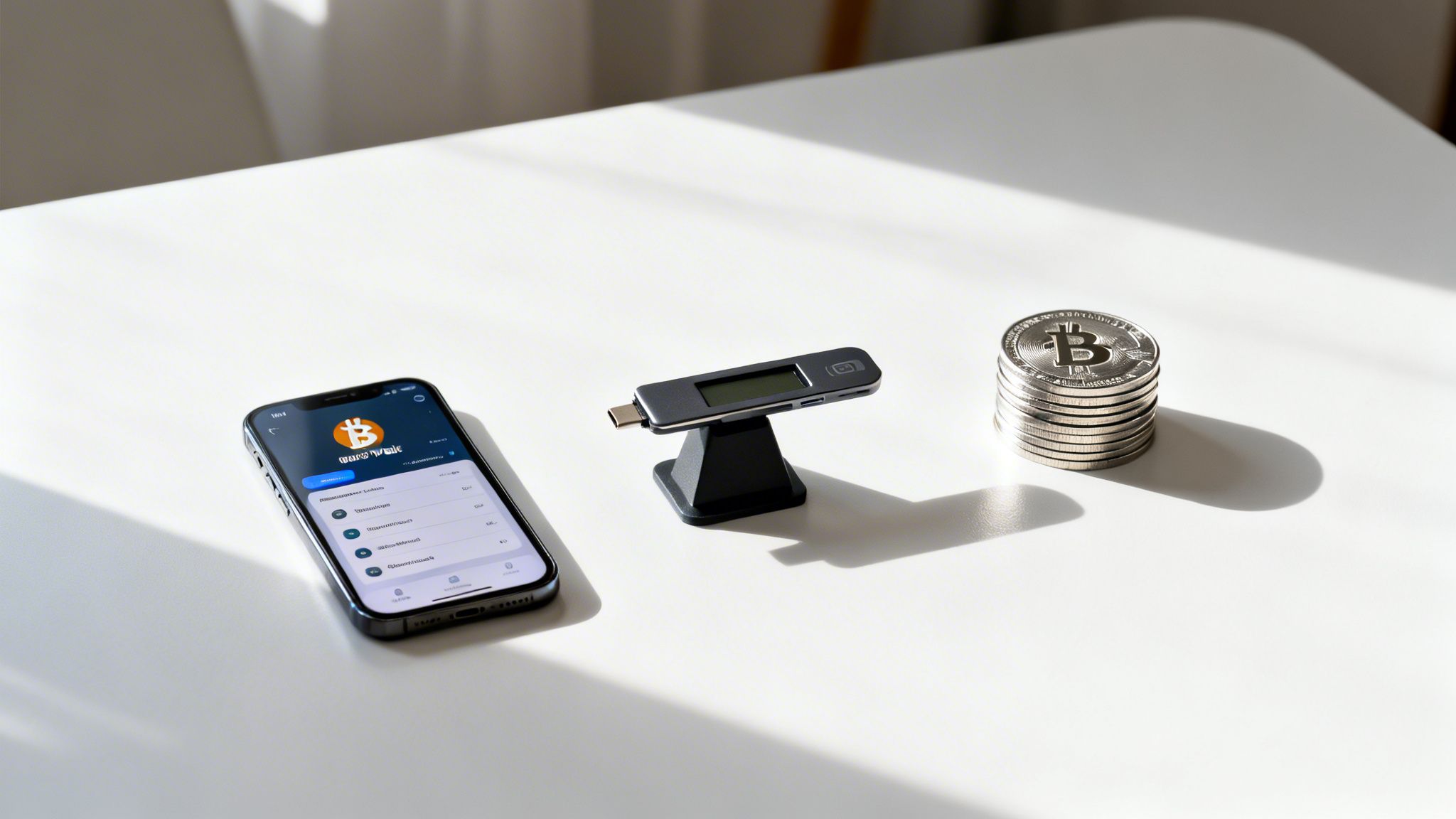 A smartphone with a Bitcoin app, a hardware wallet, and a stack of physical Bitcoin coins on a a white table.