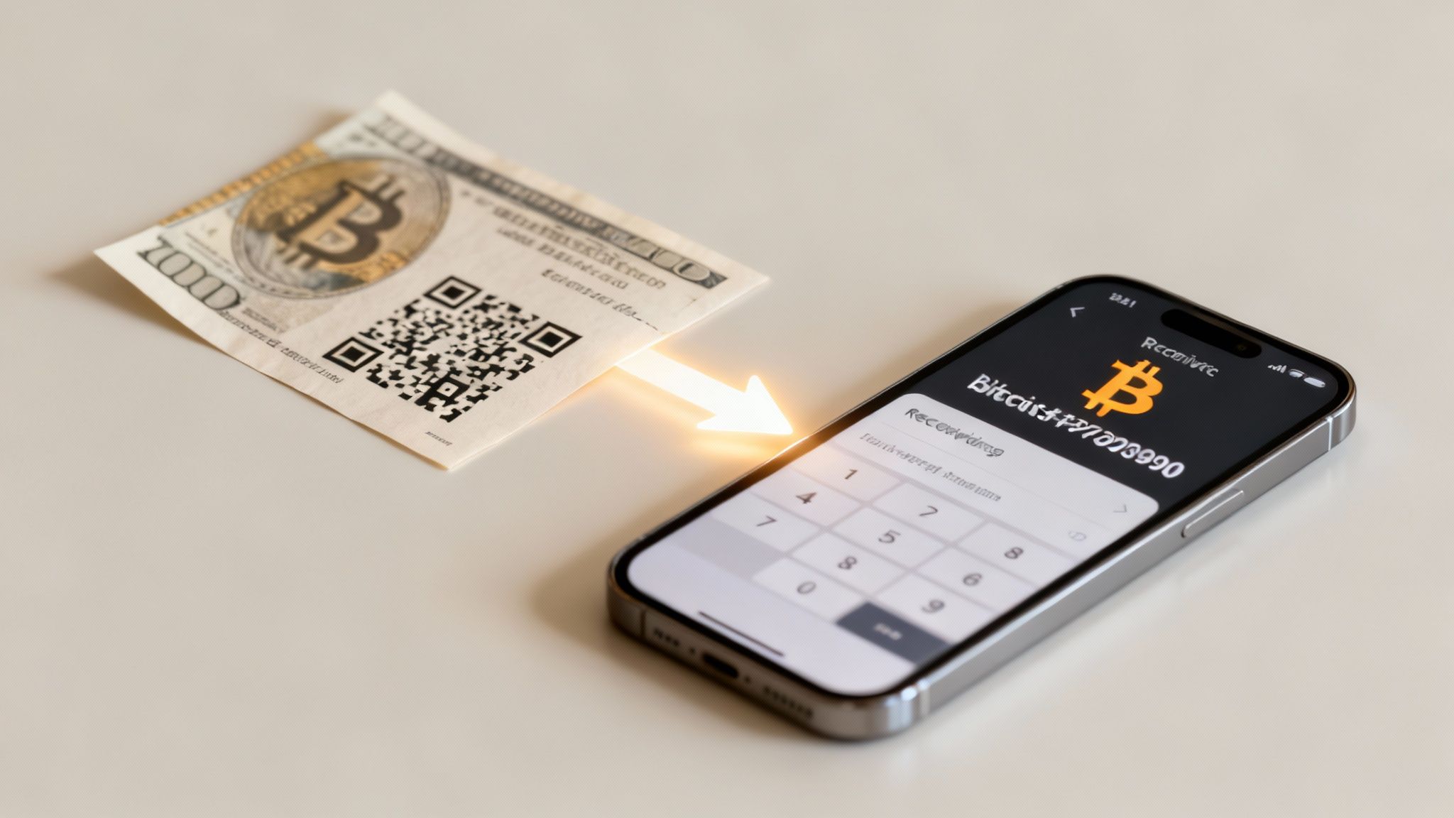 A Bitcoin paper wallet with a QR code and a glowing arrow pointing to a smartphone displaying a Bitcoin receiving screen.