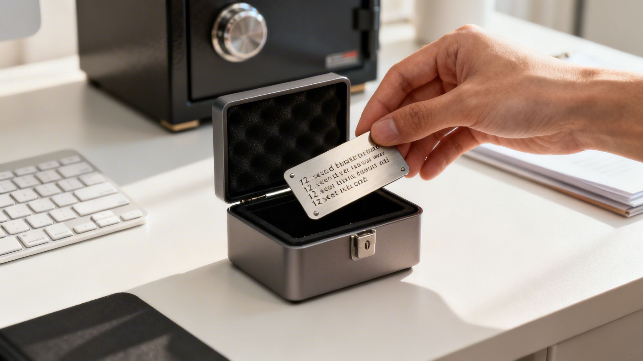 A hand places a metal seed phrase recovery card into a small protective case on a desk.