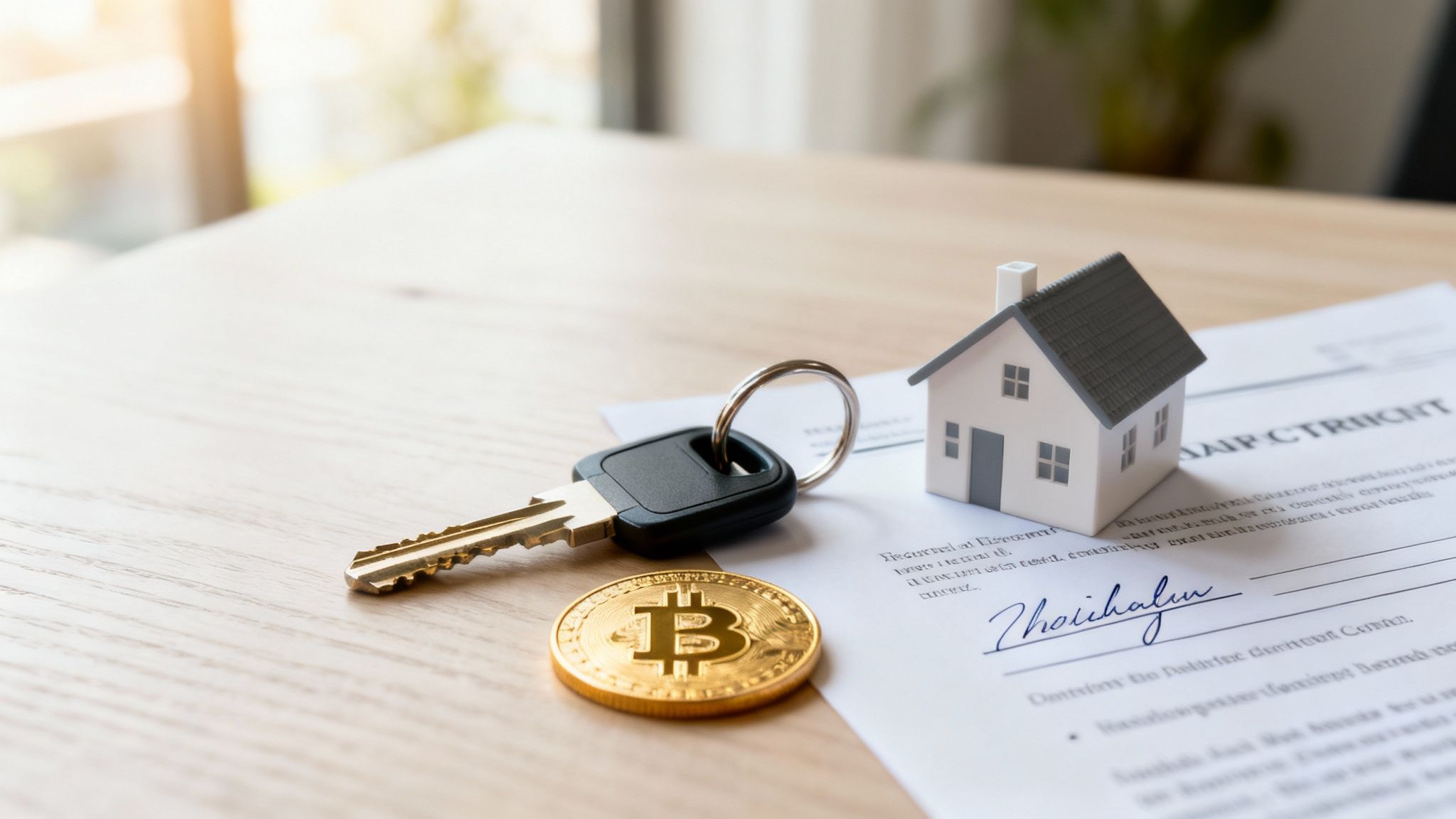 A miniature house, a key, and a golden Bitcoin coin are placed on a signed document on a wooden table.