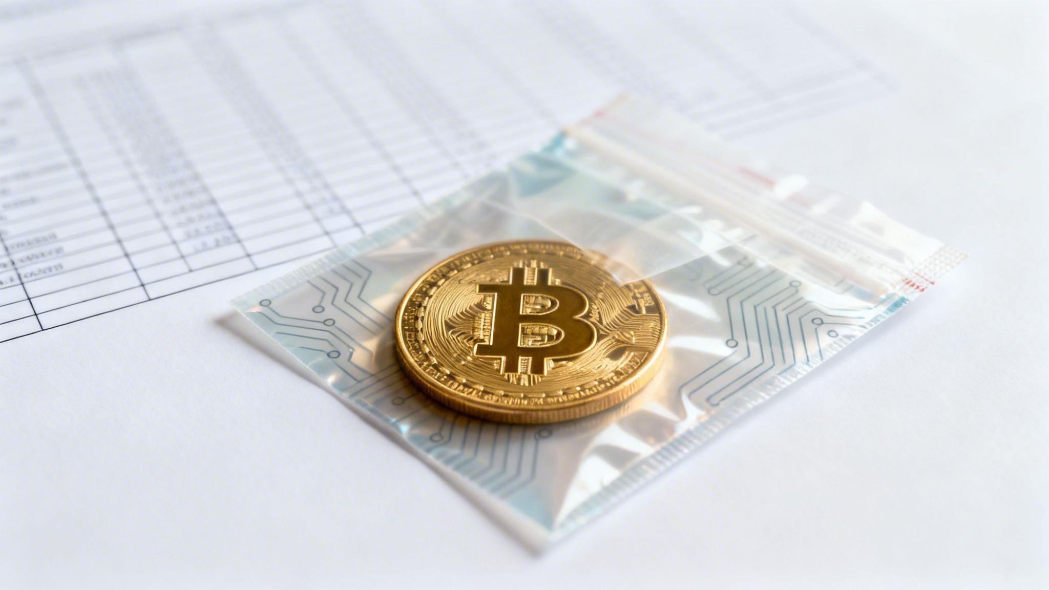 A golden Bitcoin coin sealed in a plastic bag with circuit patterns, next to a blurred document.