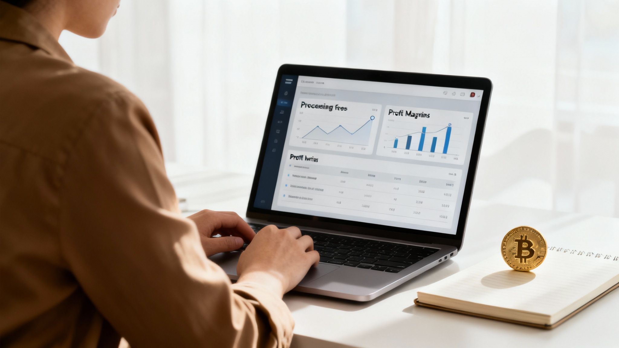 Professional analyzing cryptocurrency payment processing fees and profit margins on laptop dashboard