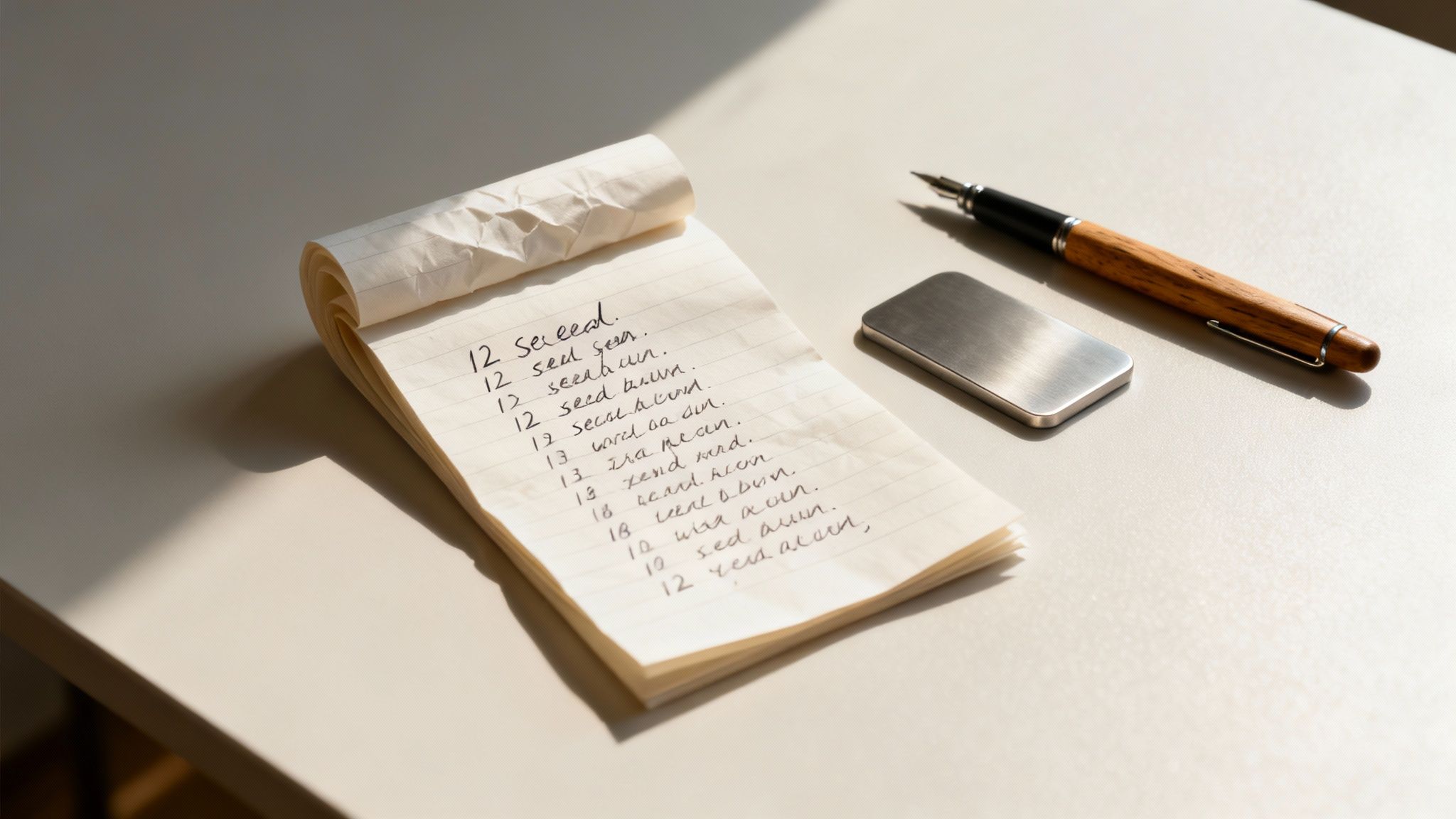 A person securely writing down their Bitcoin wallet seed phrase on paper