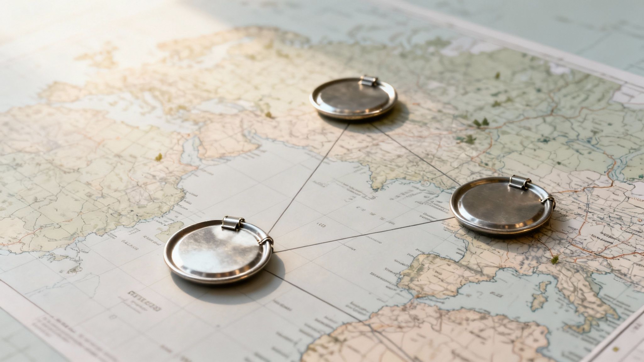 Three shiny metallic markers connected by lines, forming a triangle on an old world map.