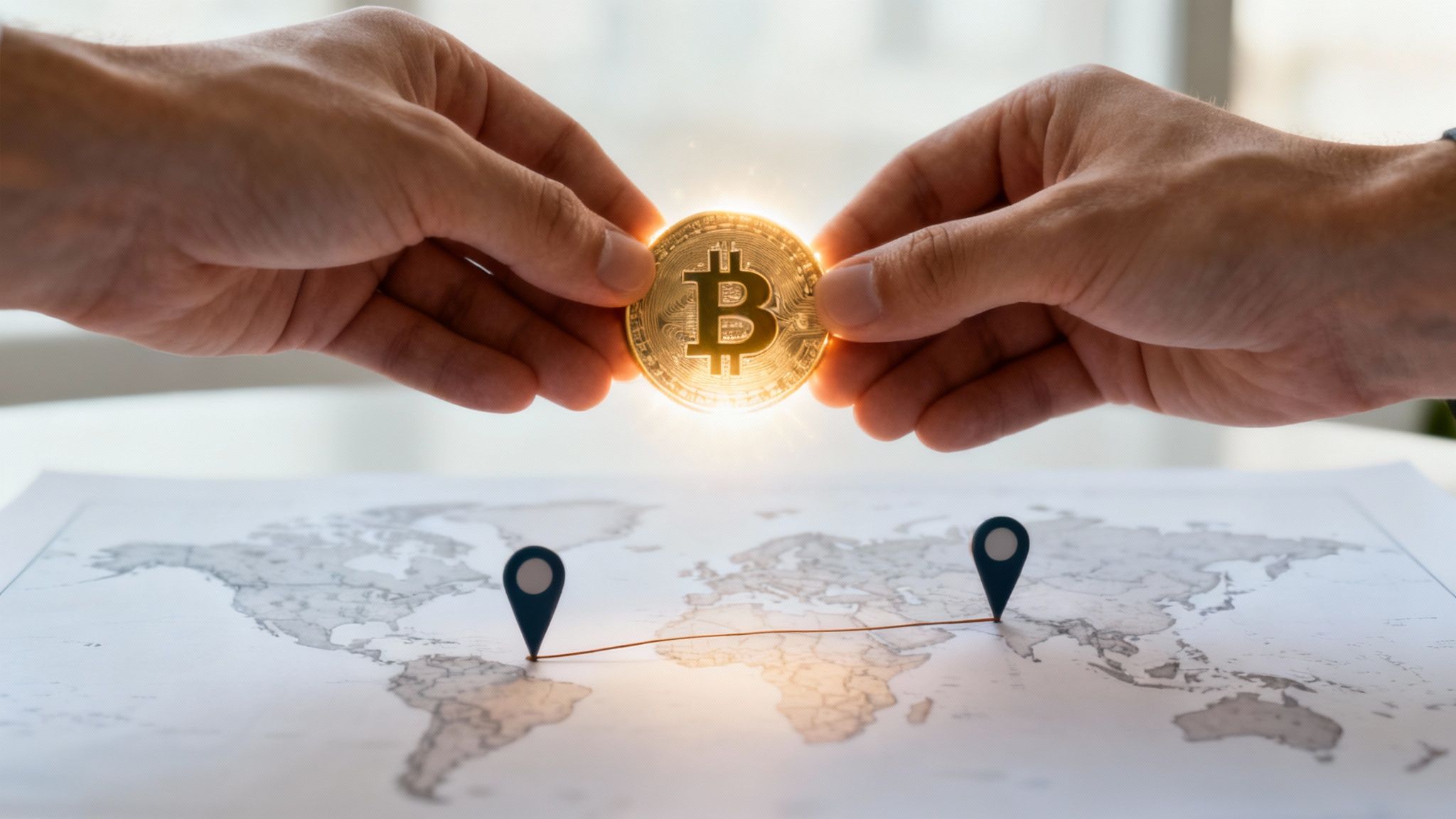 Hands holding a glowing Bitcoin coin above a world map with two location pins connected by a line.