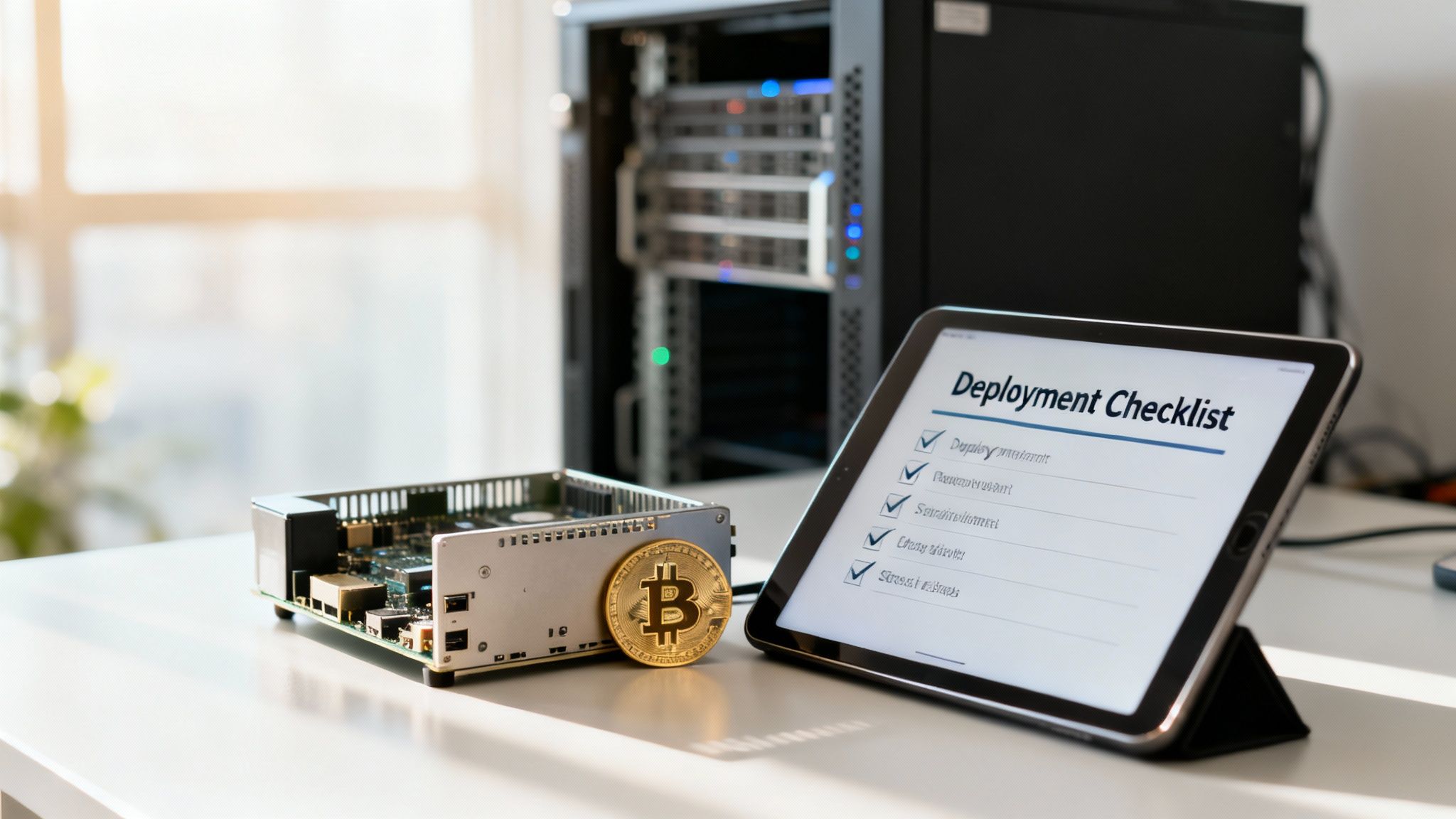 A Bitcoin coin, a computer hardware, and a tablet displaying a 'Deployment Checklist'.