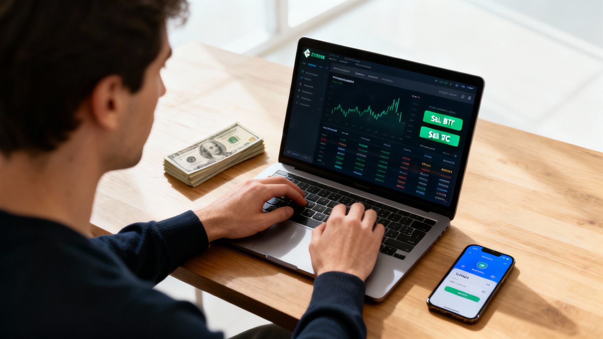 A person holding a smartphone showing a Bitcoin logo, with a background of financial charts and graphs.
