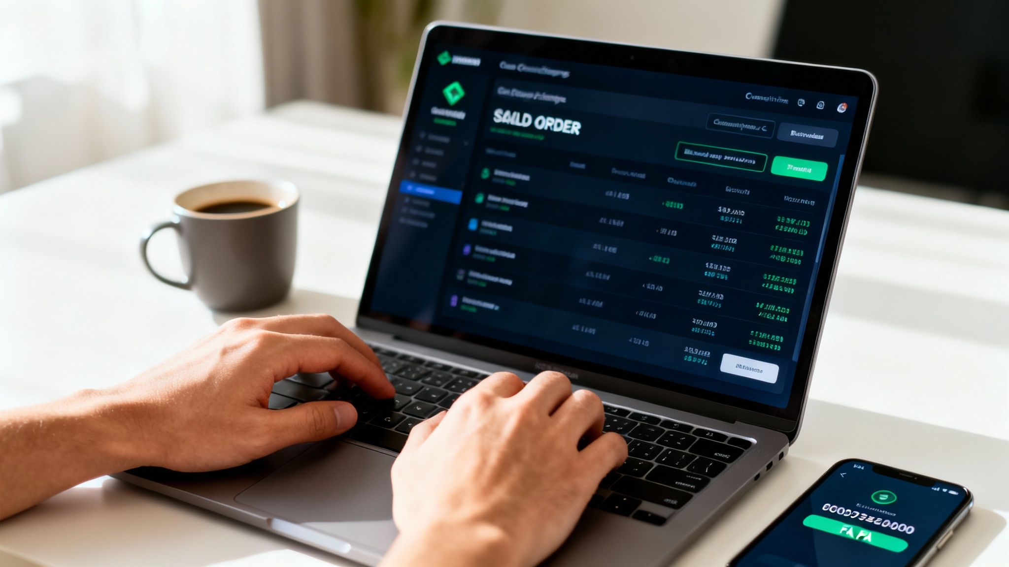 Person typing on a laptop displaying a cryptocurrency trading interface, with coffee and a smartphone on a desk.