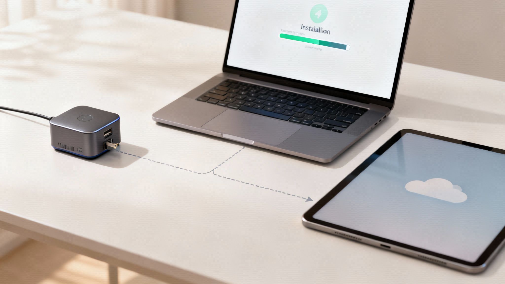 Workspace with a laptop installing software, a USB hub, and a tablet displaying a cloud icon.