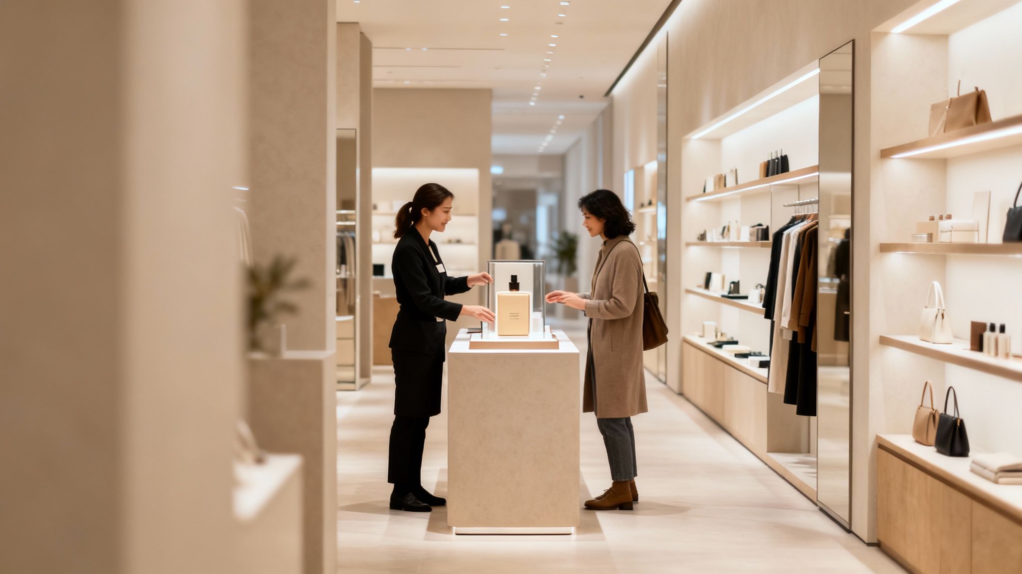 A sales associate assists a female customer at a large perfume display in a modern retail store.