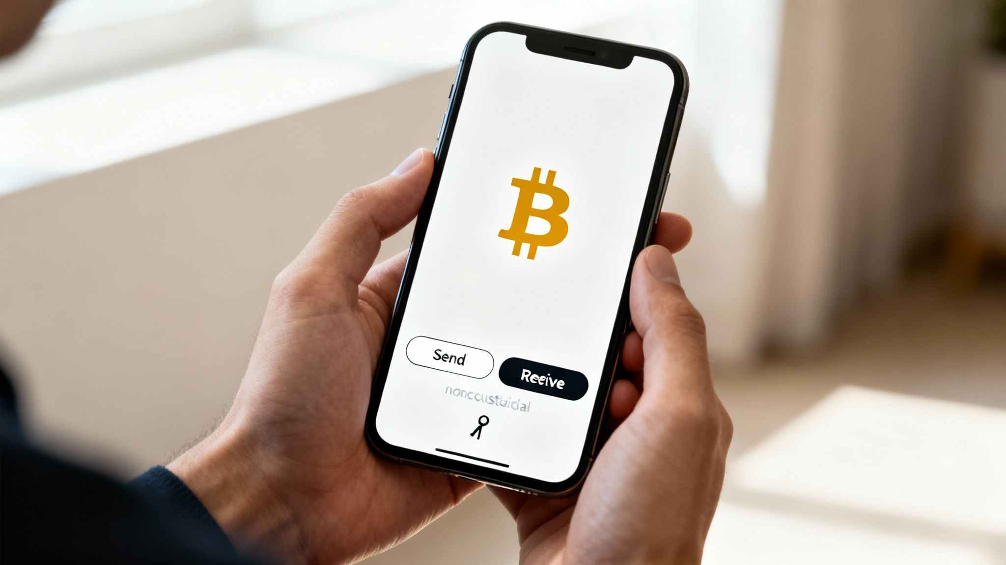 A person holds a smartphone displaying a Bitcoin wallet app with send and receive options.
