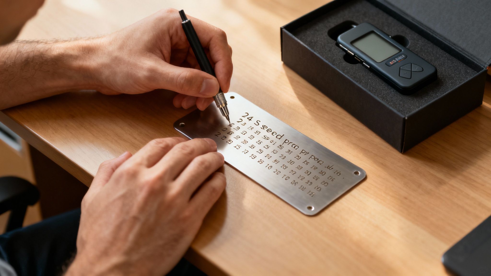 Person engraving cryptocurrency recovery seed phrase numbers onto metal backup plate with stylus tool