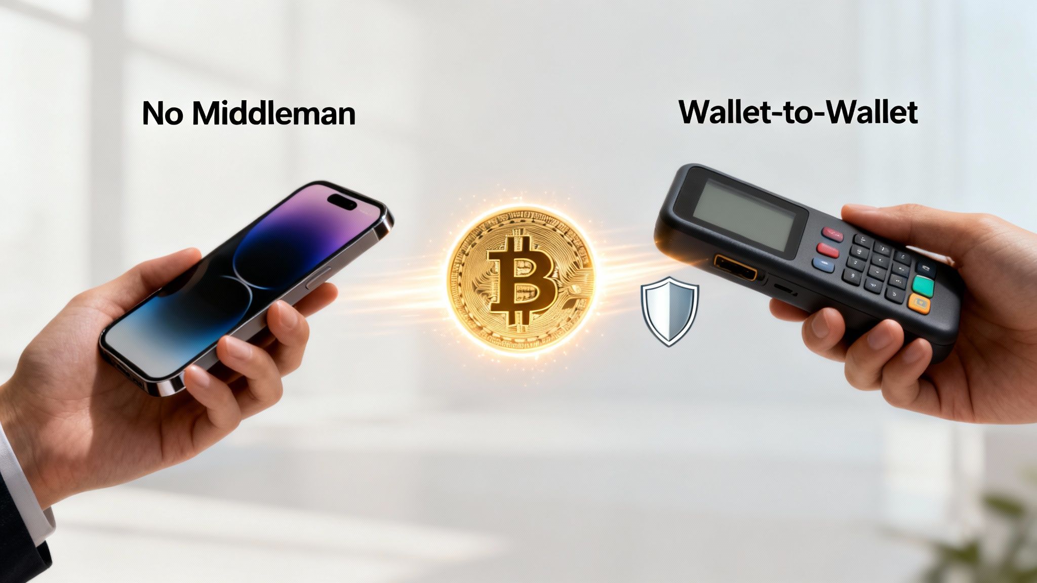 Hands hold a smartphone and a crypto wallet, with a glowing Bitcoin symbol and shield, symbolizing direct wallet-to-wallet transactions.