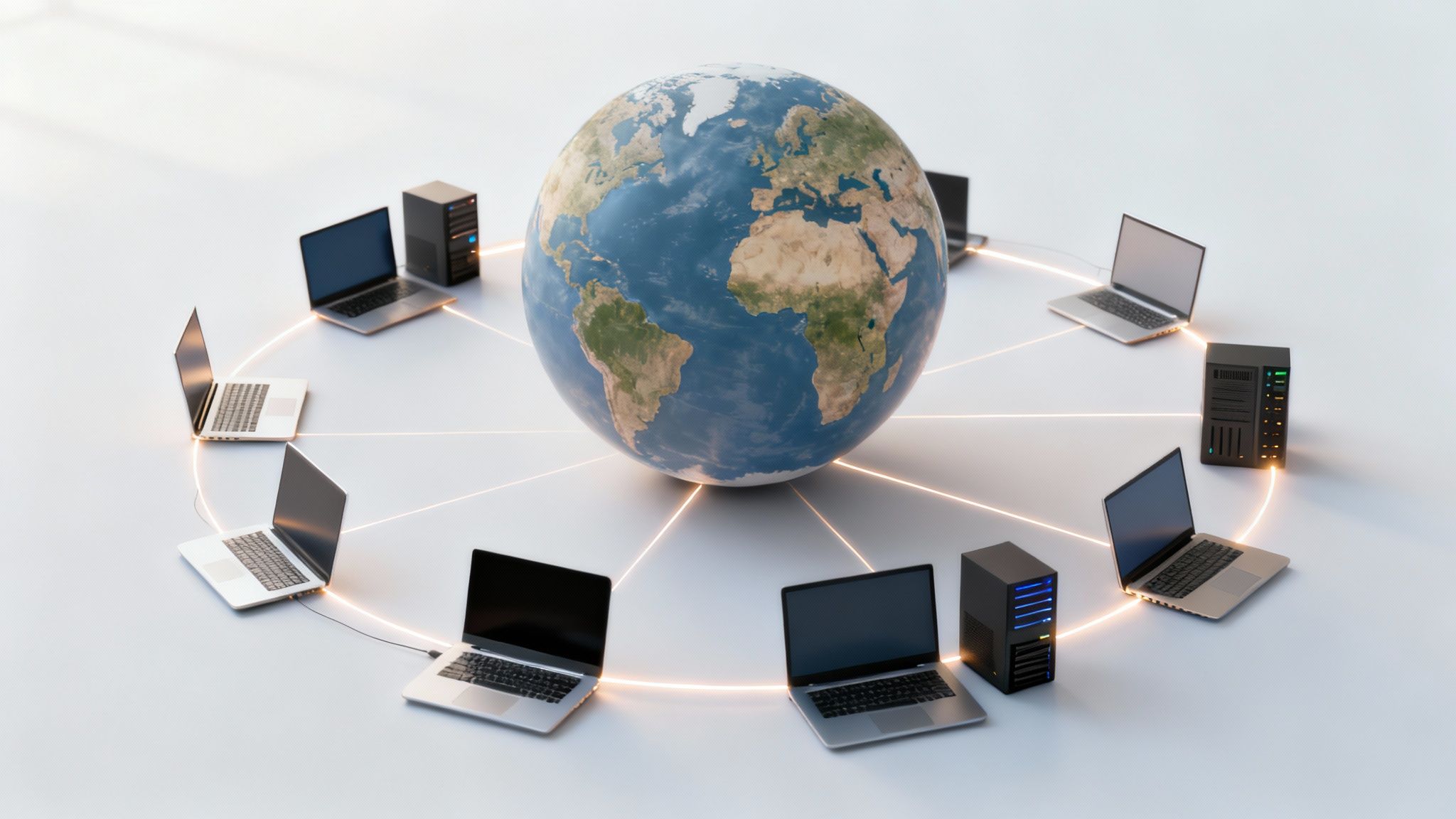 A globe surrounded by interconnected laptops and server towers with glowing lines, illustrating a global network.