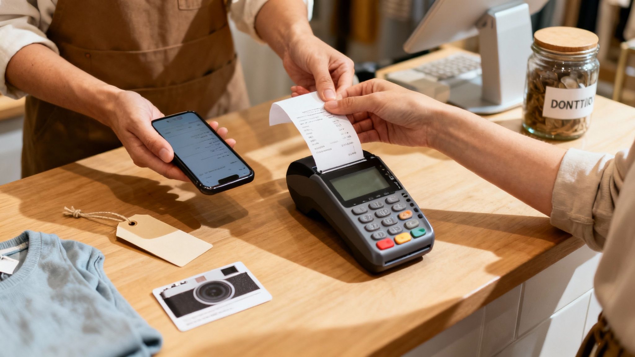 A cashier processes a mobile payment on a smartphone at a point-of-sale terminal, handing a receipt to a customer.