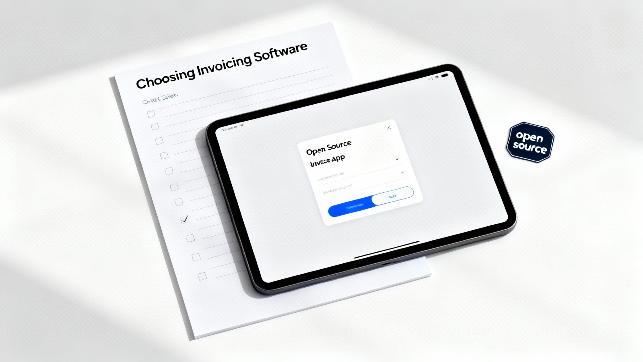 Choosing invoicing software checklist, a tablet showing an open-source invoice app login screen, and an 'open source' badge.
