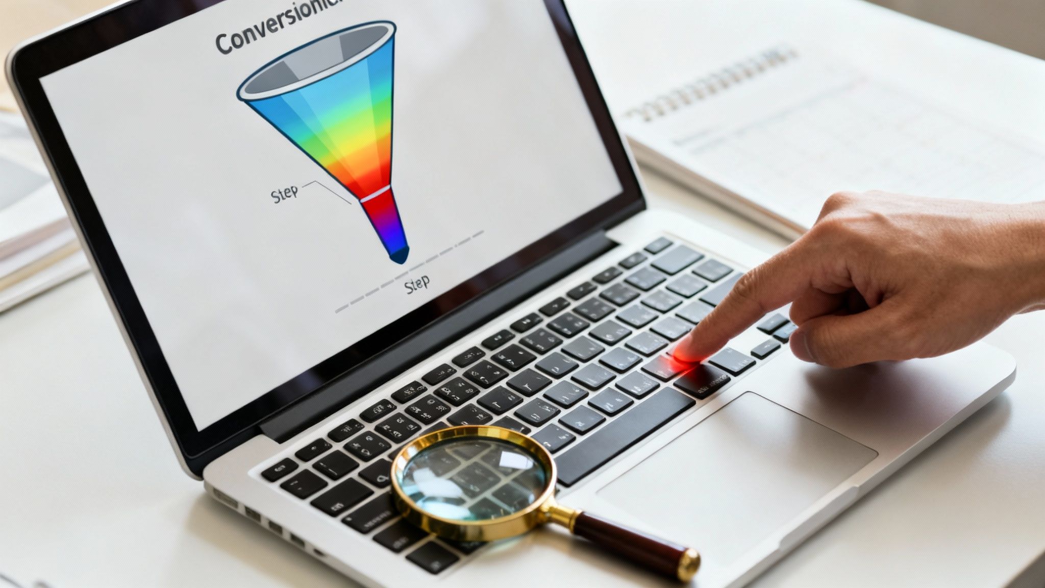 A hand presses a red-highlighted key on a laptop showing a colorful conversion funnel diagram.