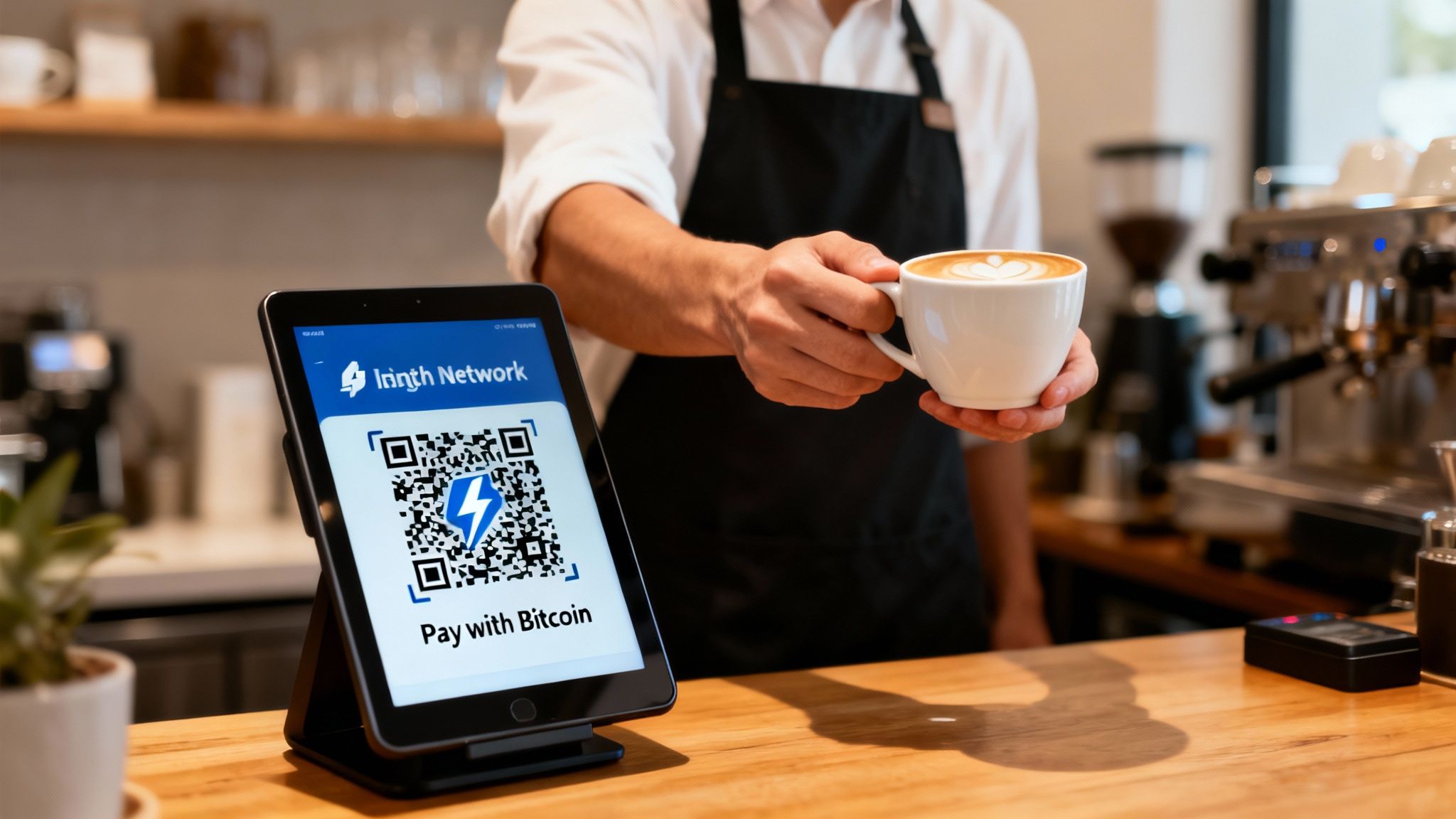 Barista offers coffee while a tablet displays a Bitcoin payment QR code from Irinth Network.