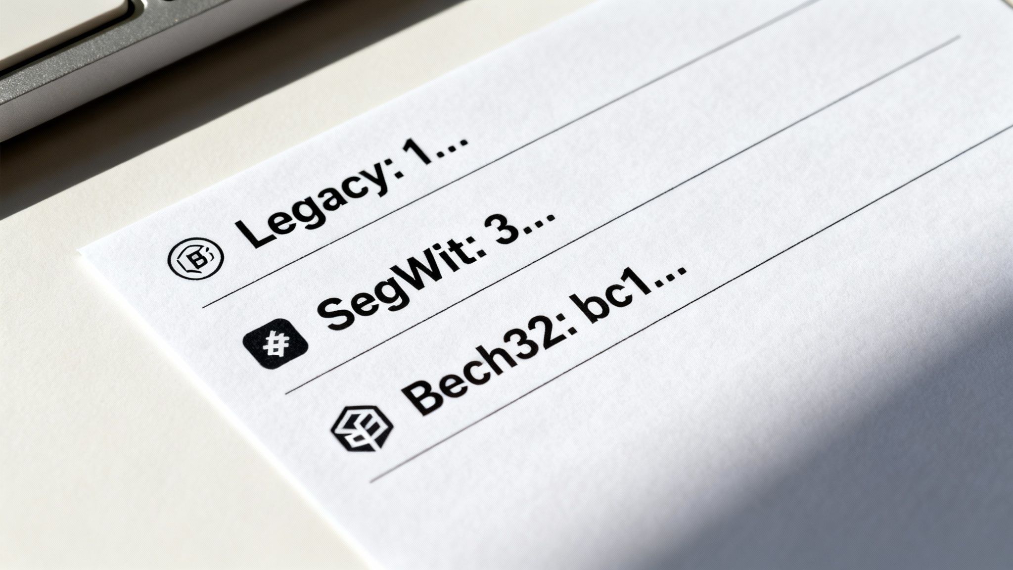 Close-up of paper listing three Bitcoin wallet address types: Legacy, SegWit, and Bech32 formats.