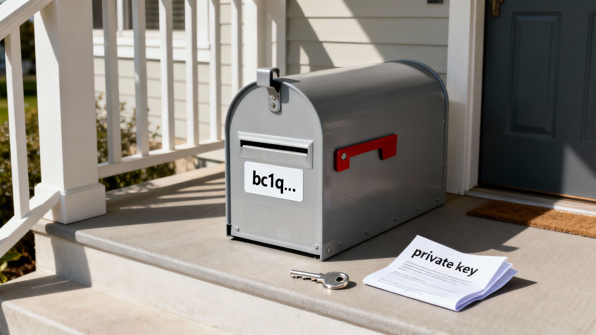 Metal mailbox with cryptographic address label and private key document representing cryptocurrency wallet security