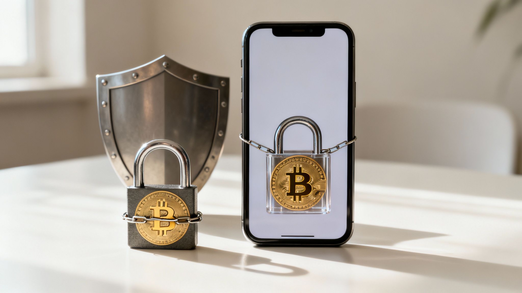 A phone chained to a padlock with a Bitcoin, next to a shield and another Bitcoin padlock, representing crypto security.