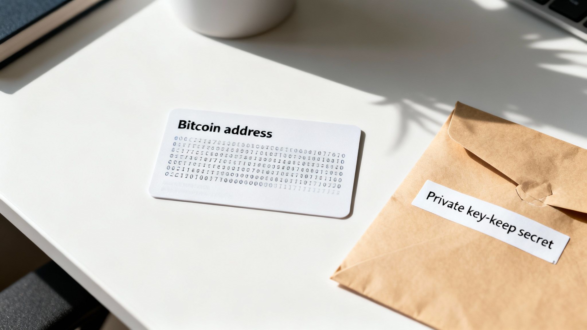 A white card showing a Bitcoin address and a brown envelope with a 'Private key' label on a desk.