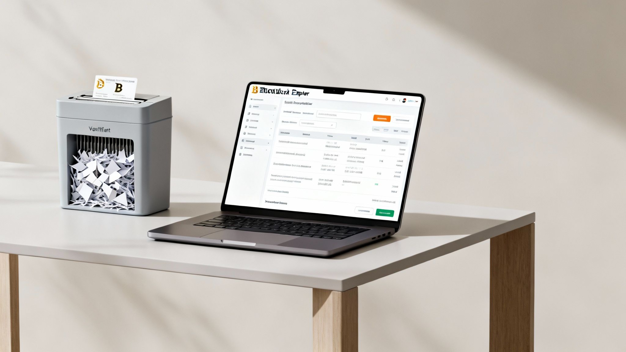 A Bitcoin paper wallet is being shredded in a paper shredder next to a laptop displaying a cryptocurrency interface.