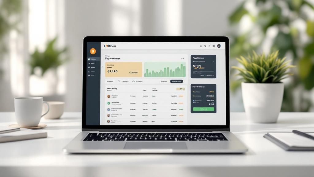 A business owner integrating Bitcoin payments on their website using a laptop.