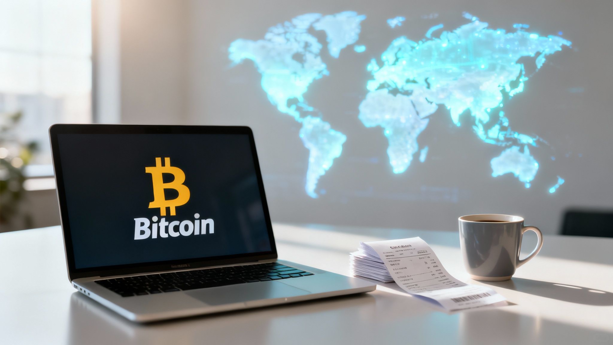 A laptop displaying the Bitcoin logo on a desk with receipts and coffee, against a glowing world map.