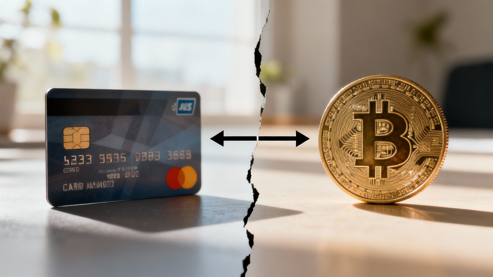A split-screen image showing a traditional credit card terminal on one side and a mobile phone displaying a Bitcoin QR code on the other, representing a direct comparison.