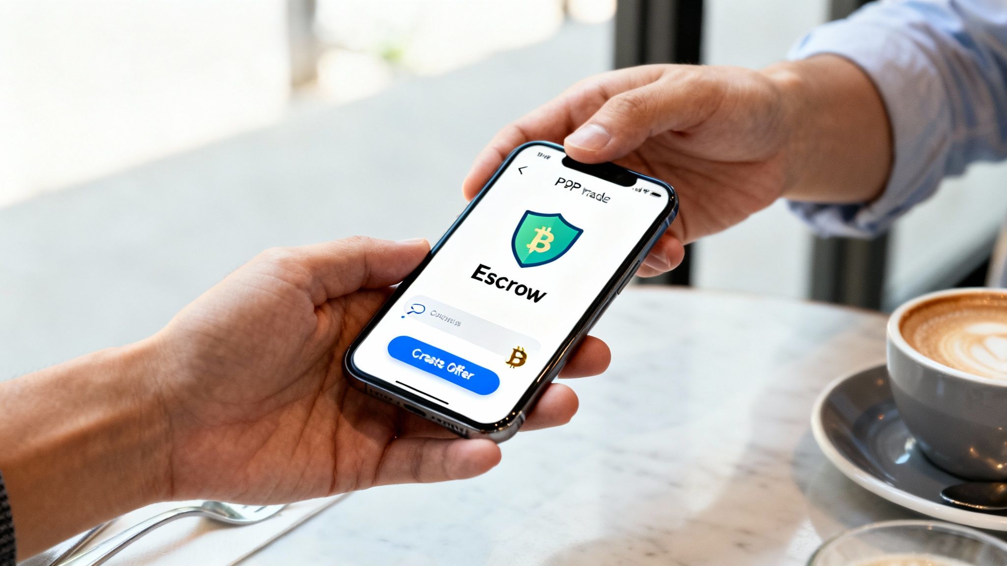 Hands passing a smartphone displaying a crypto escrow app for P2P Bitcoin trades.