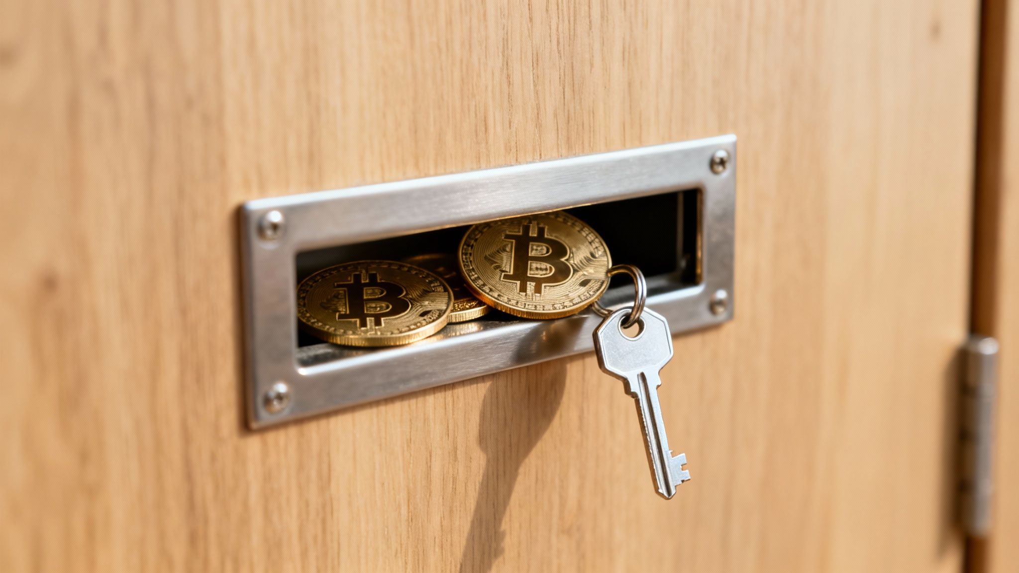 Golden Bitcoin coins and a silver key inside a metal slot on a wooden surface.