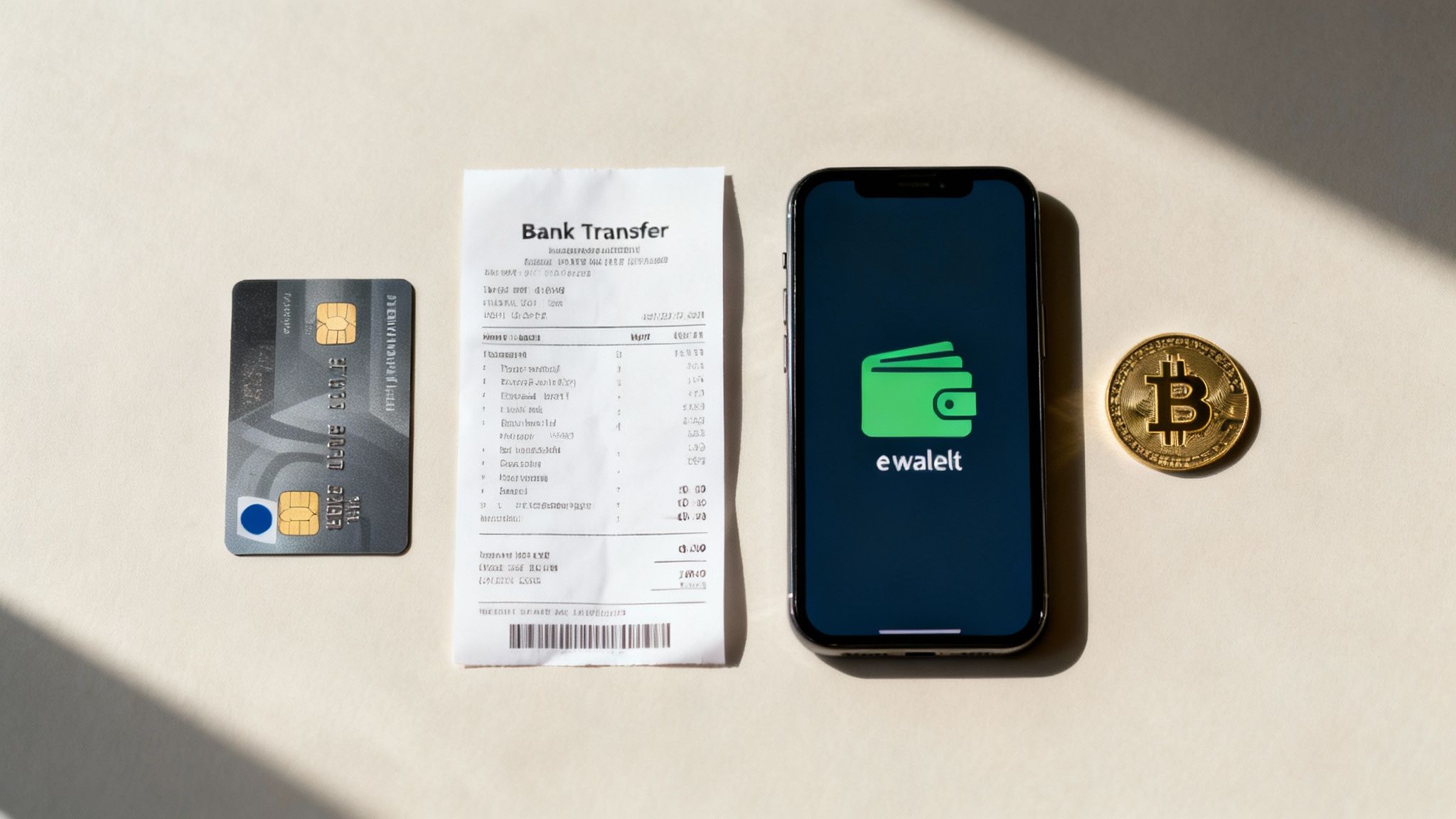 A credit card, bank transfer receipt, smartphone with ewalelt app, and Bitcoin coin on a light surface.