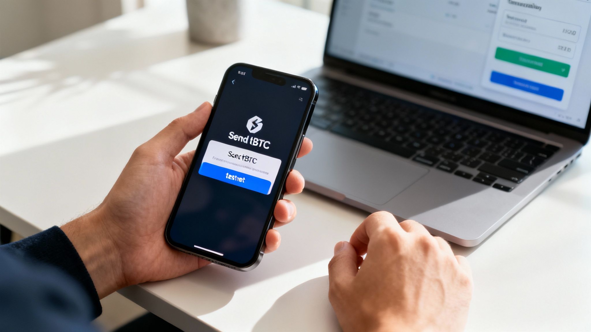 A person holds a smartphone displaying a 'Send tBTC' testnet wallet app, with a laptop in the background.