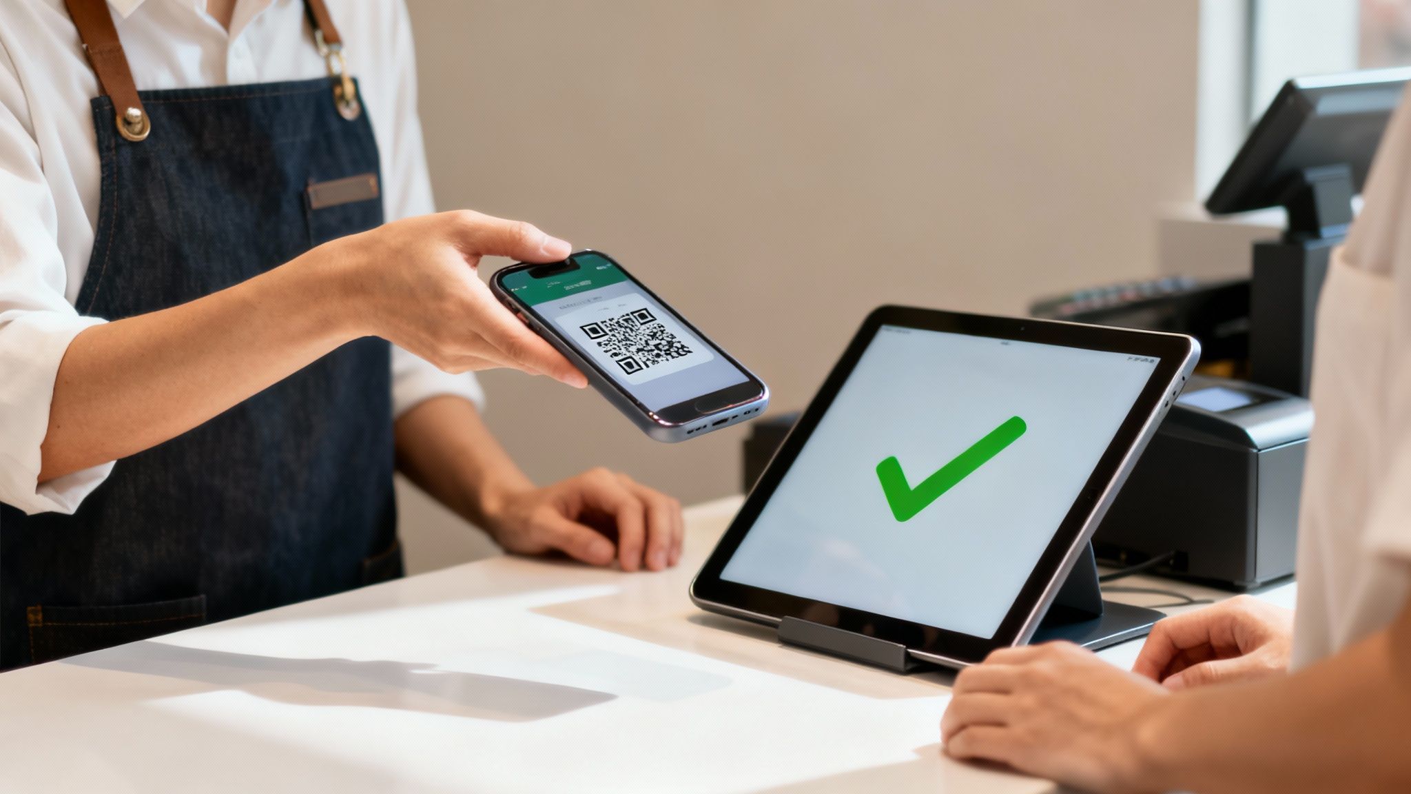 Customer uses QR code on smartphone for contactless payment at checkout, confirmed on tablet.