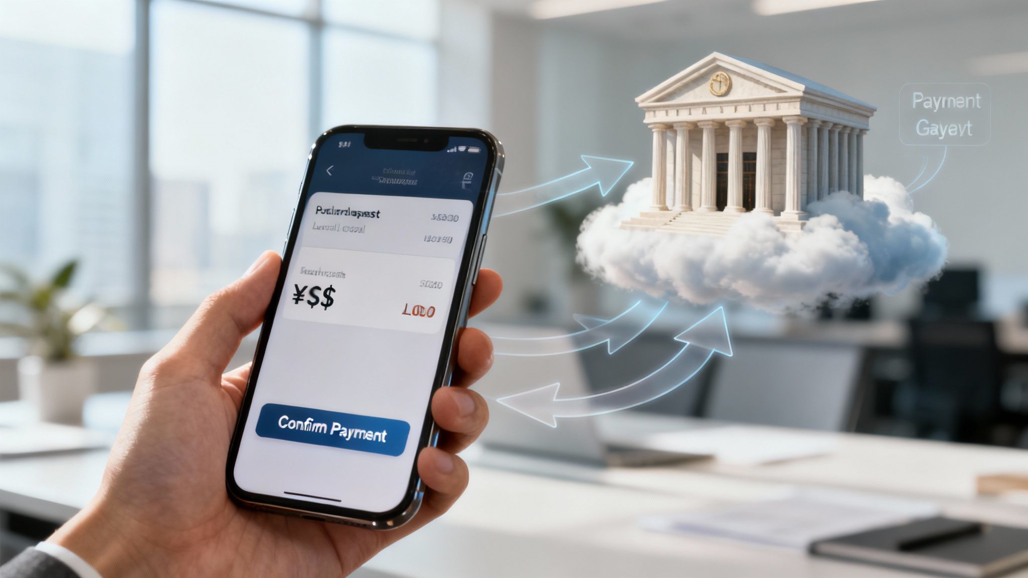 A visual representation of the journey of a multi-currency payment, from a customer's screen to a merchant's bank account.