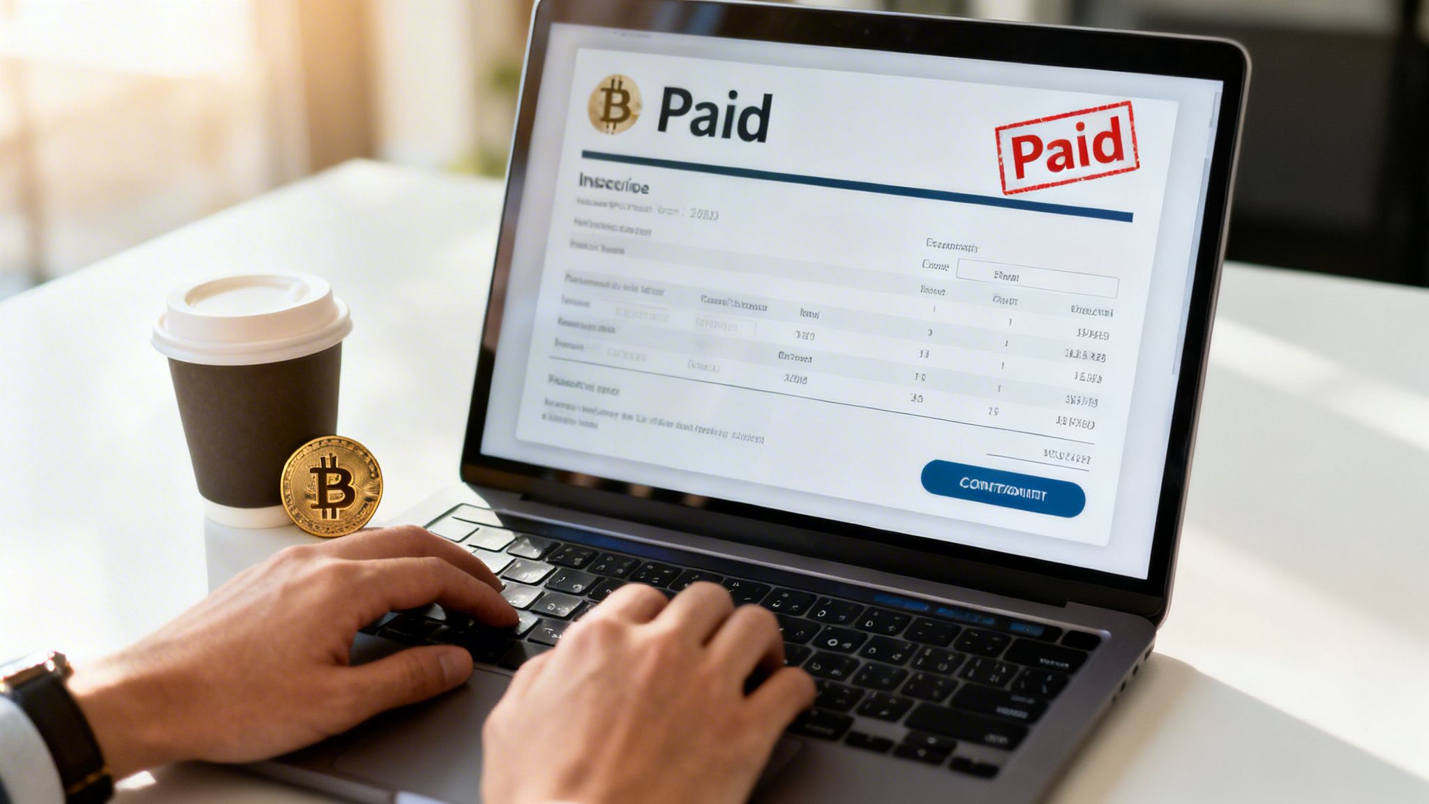 A person types on a laptop displaying a 'Bitcoin Paid' invoice, with a Bitcoin coin and coffee nearby.