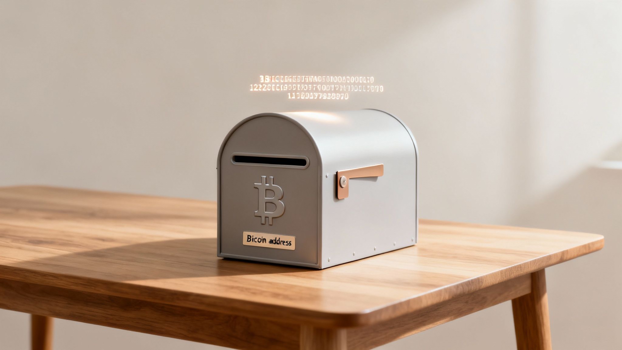 A grey mailbox with a Bitcoin logo and 'Bitcoin address' text on a wooden table, featuring digital code above.