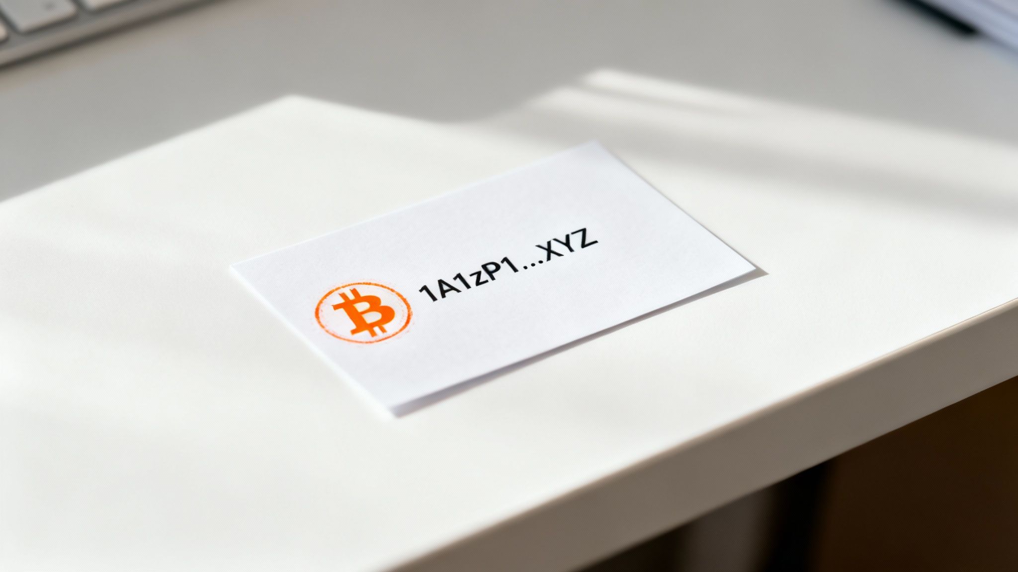 A white card displaying a Bitcoin logo and a partial Bitcoin address on a clean white desk.