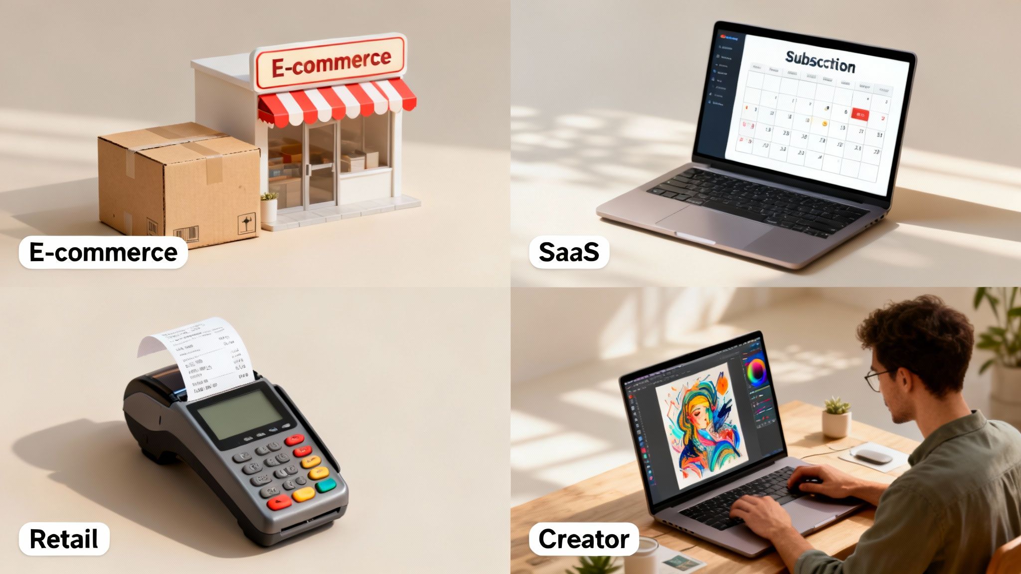 Different digital business models illustrated: e-commerce, software as a service, retail, and content creation.