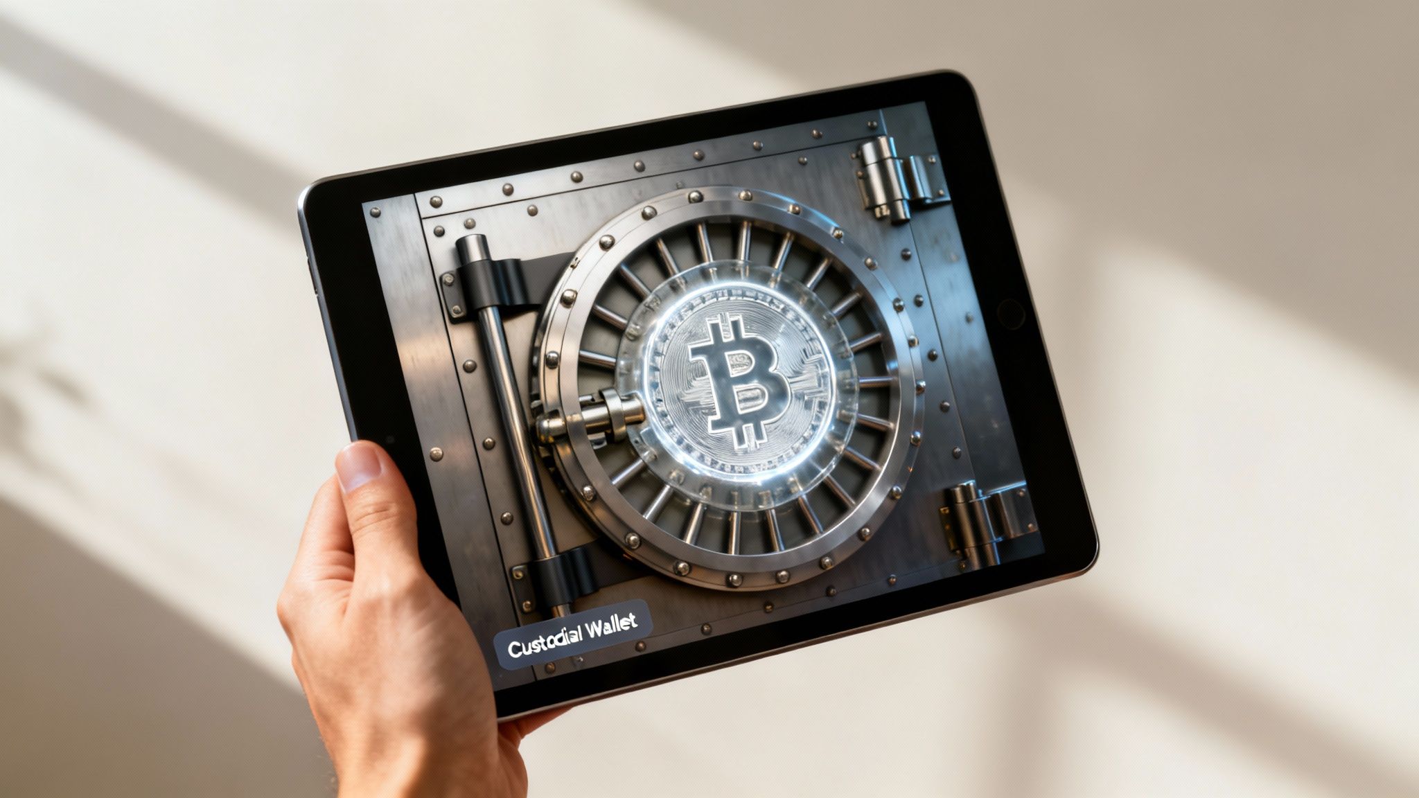 A hand holding a tablet displays a digital bank vault with a glowing Bitcoin symbol and 'Custodial Wallet' text.