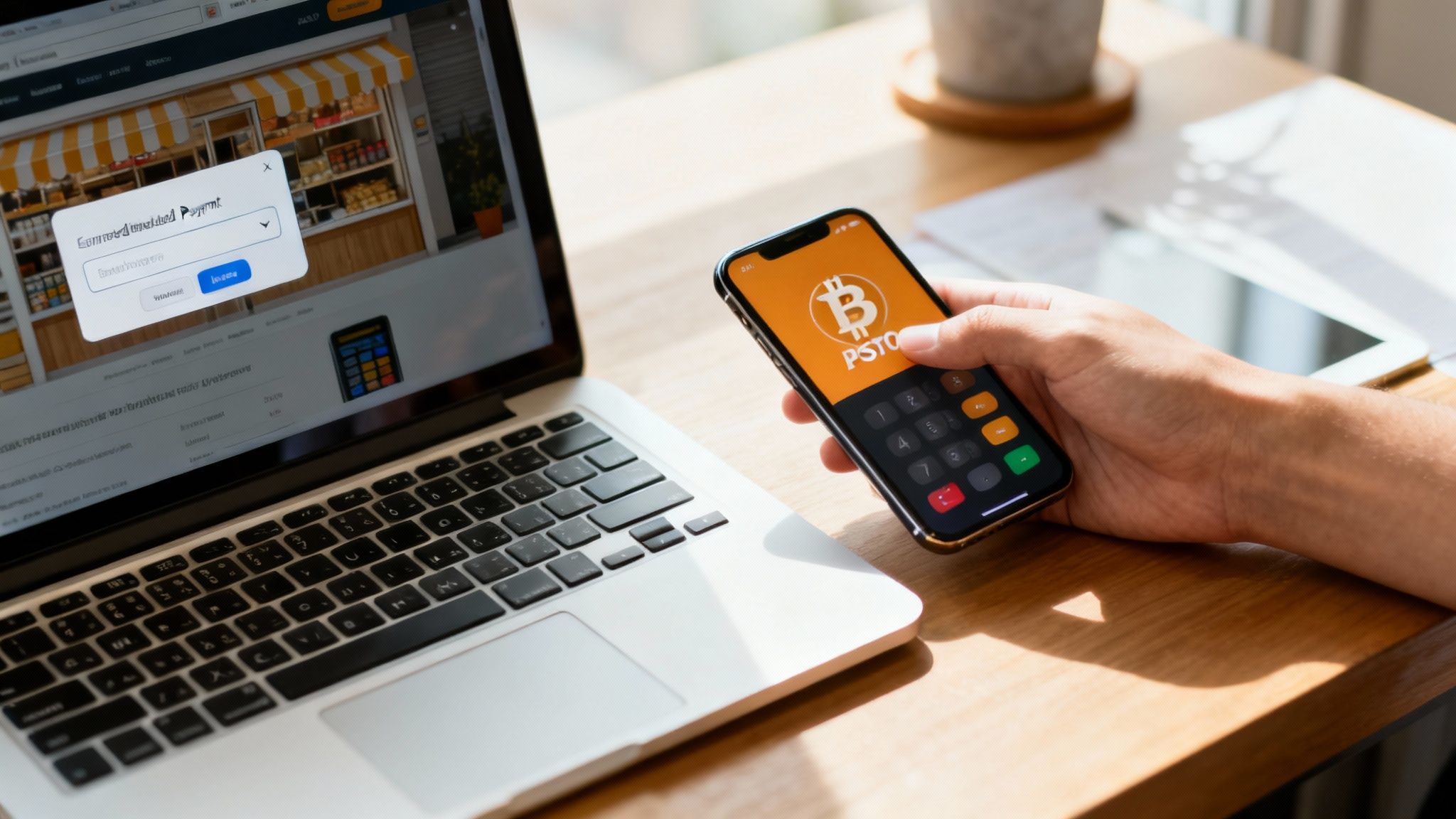 A hand holds a smartphone with a Bitcoin app, next to a laptop displaying an online shop.