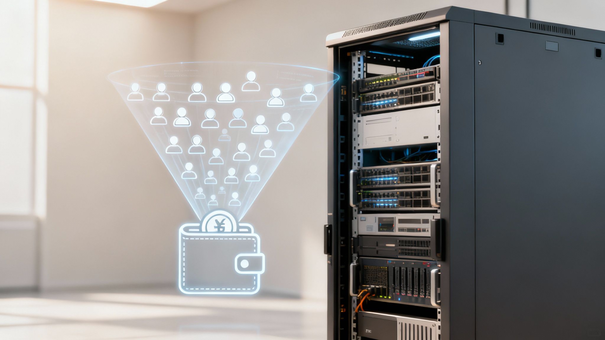 Digital wallet funneling user icons and currency next to a server rack, depicting digital finance.
