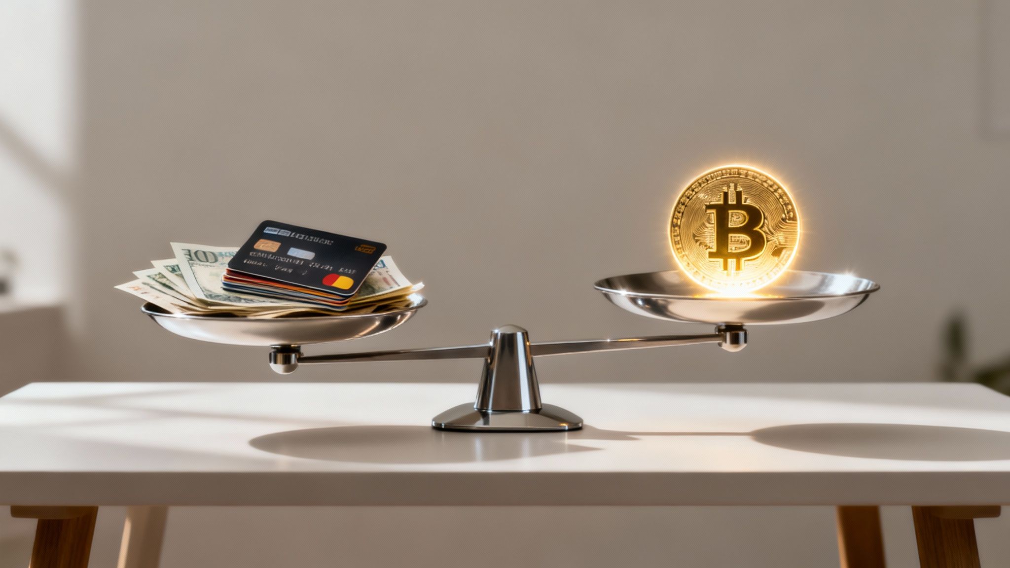 A financial scale weighing stacks of dollar bills and credit cards against a glowing Bitcoin coin.