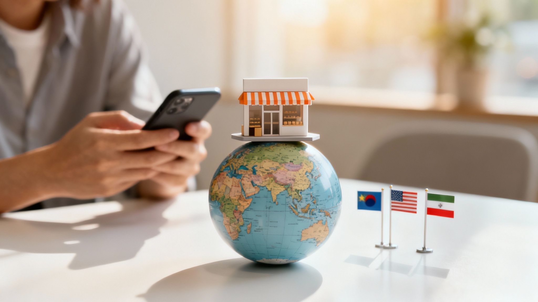 Hands holding a smartphone next to a globe with a miniature shop and international flags.